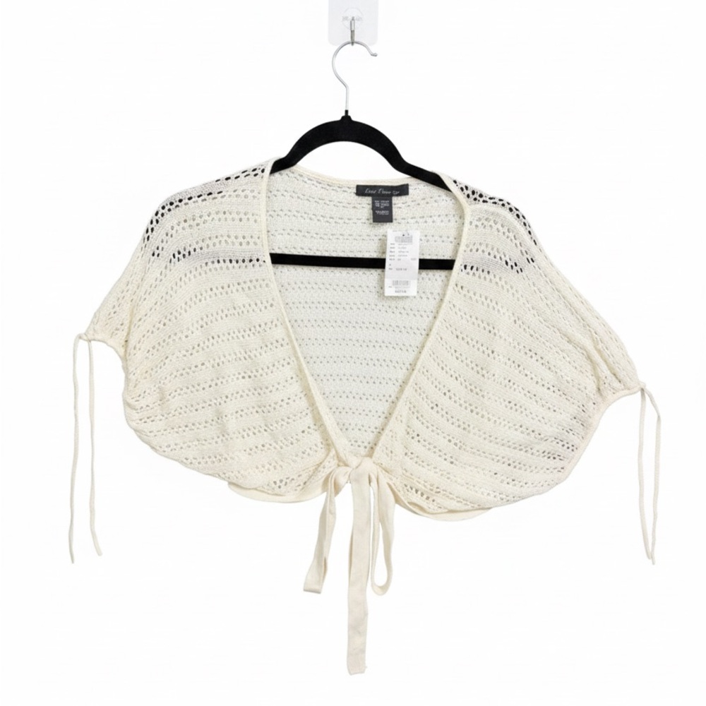 Heart Moon Star Open Knit Shrug Bolero - Size L - Cream White Tie-Front Boho